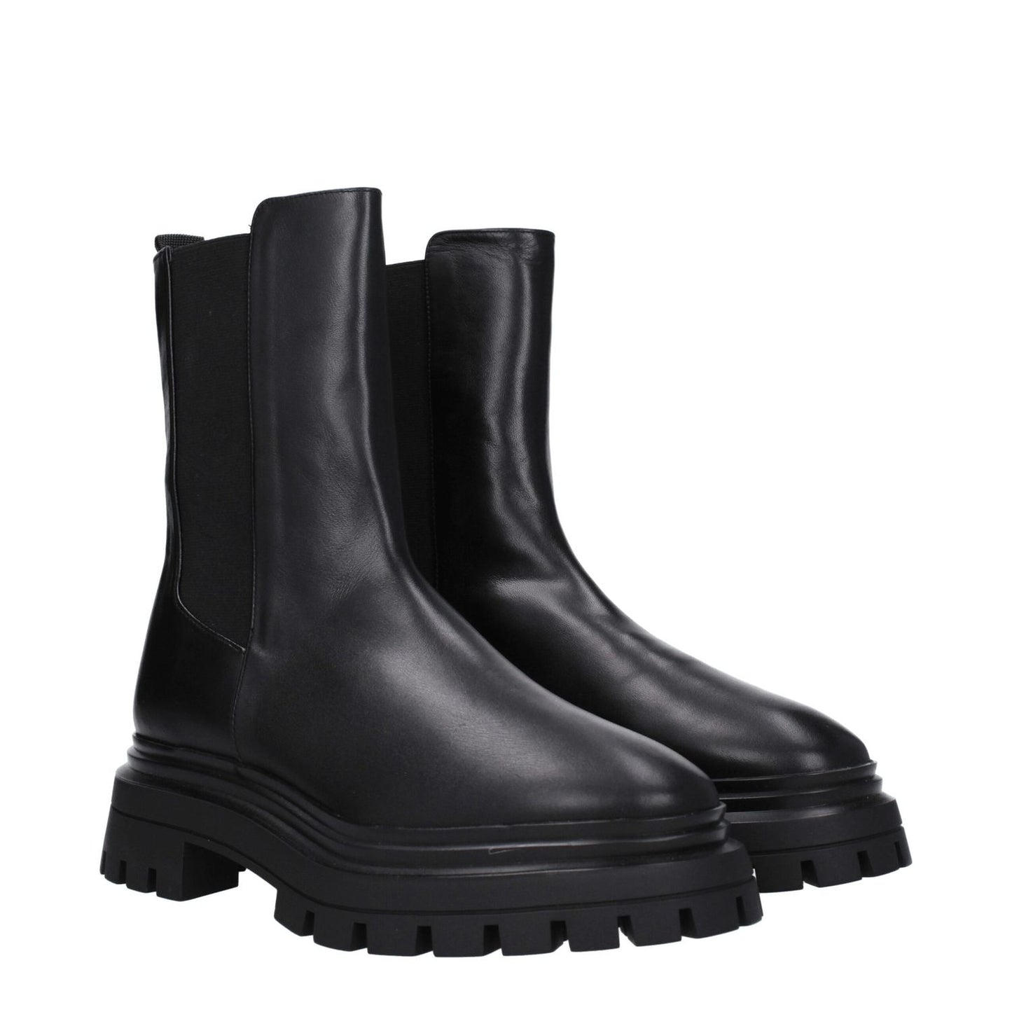 Stuart Weitzman Black Leather Ankle Boots with round toe, mid heels, and rubber sole. Casual style with back logo detailing.