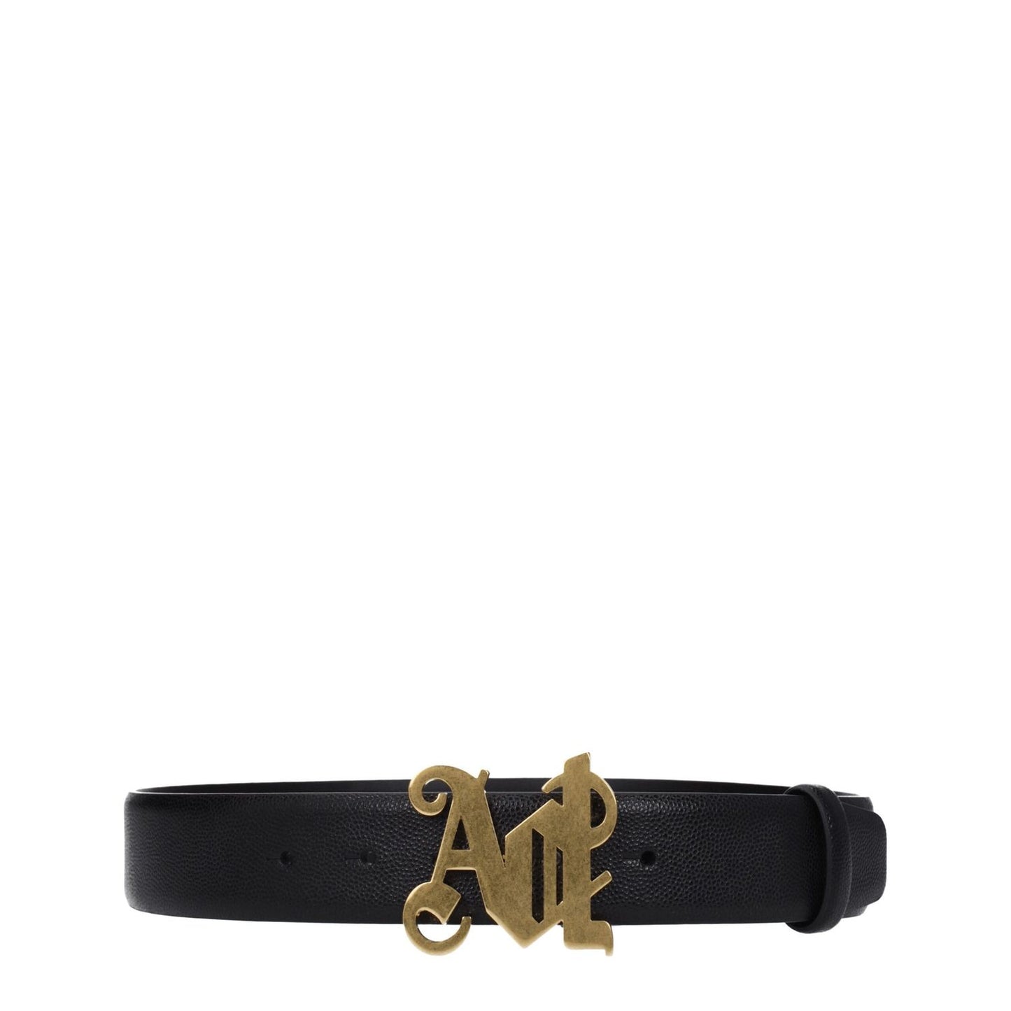 Palm Angels Black Leather Regular Belt with vintage effect and gold front logo, casual style, button closure, 3.5 cm high.