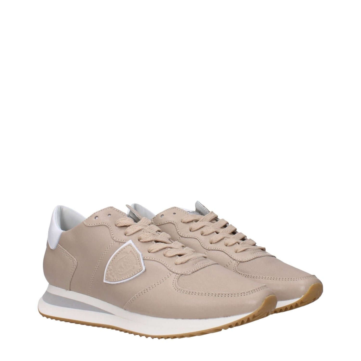 Philippe Model Beige Leather Low Top Sneakers with front logo and side detail in different colors.
