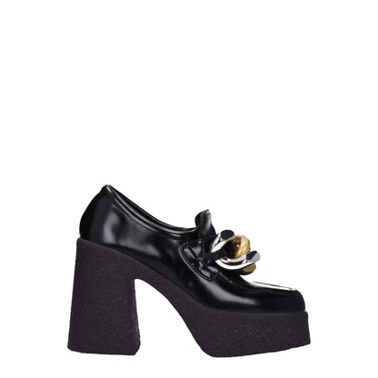 Stella McCartney Black Leather Platform Loafers with vintage effect, eco leather, square toe, high heel, and rubber sole.