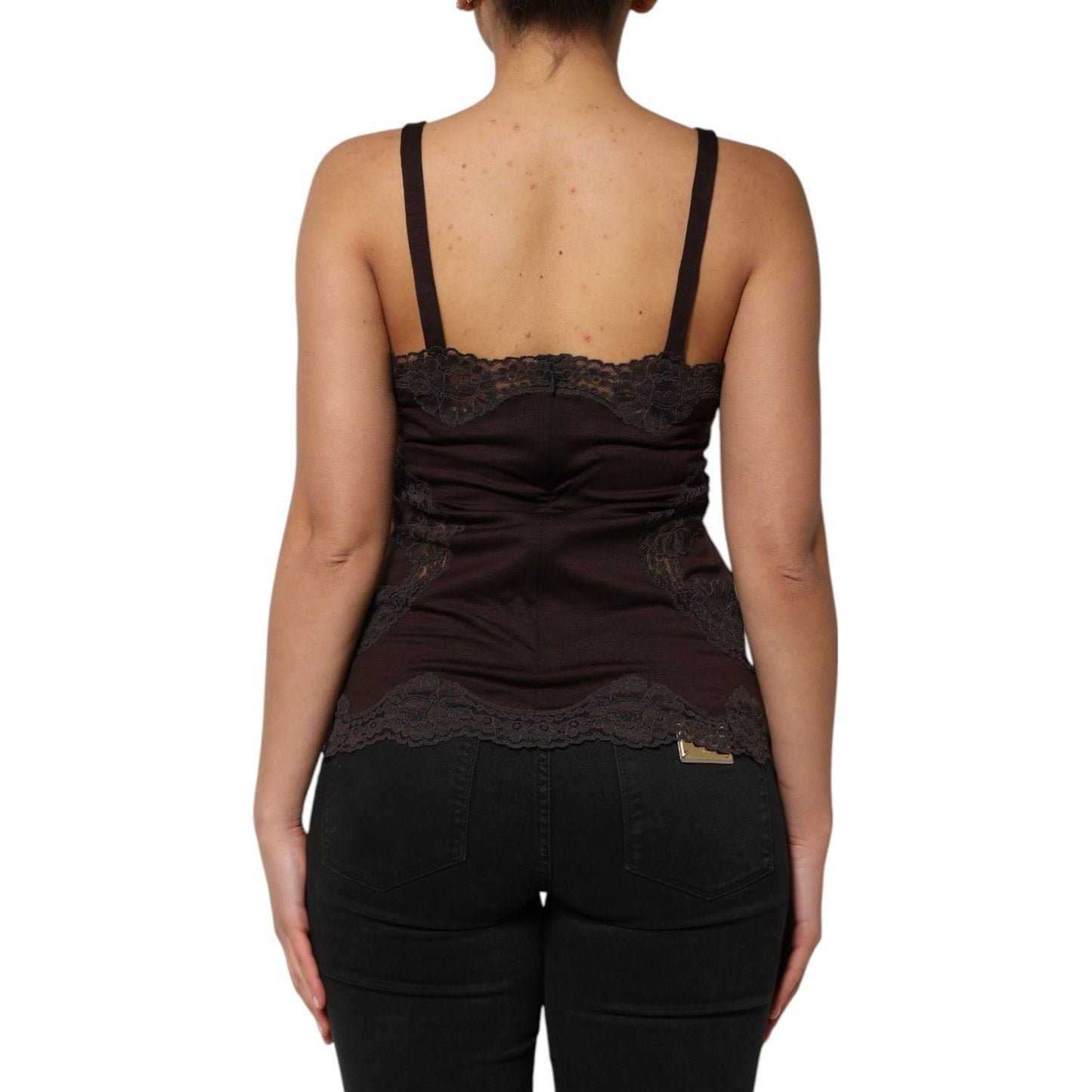 Dolce & Gabbana Dark Brown Lace Trim Wool Sleeveless Tank Top