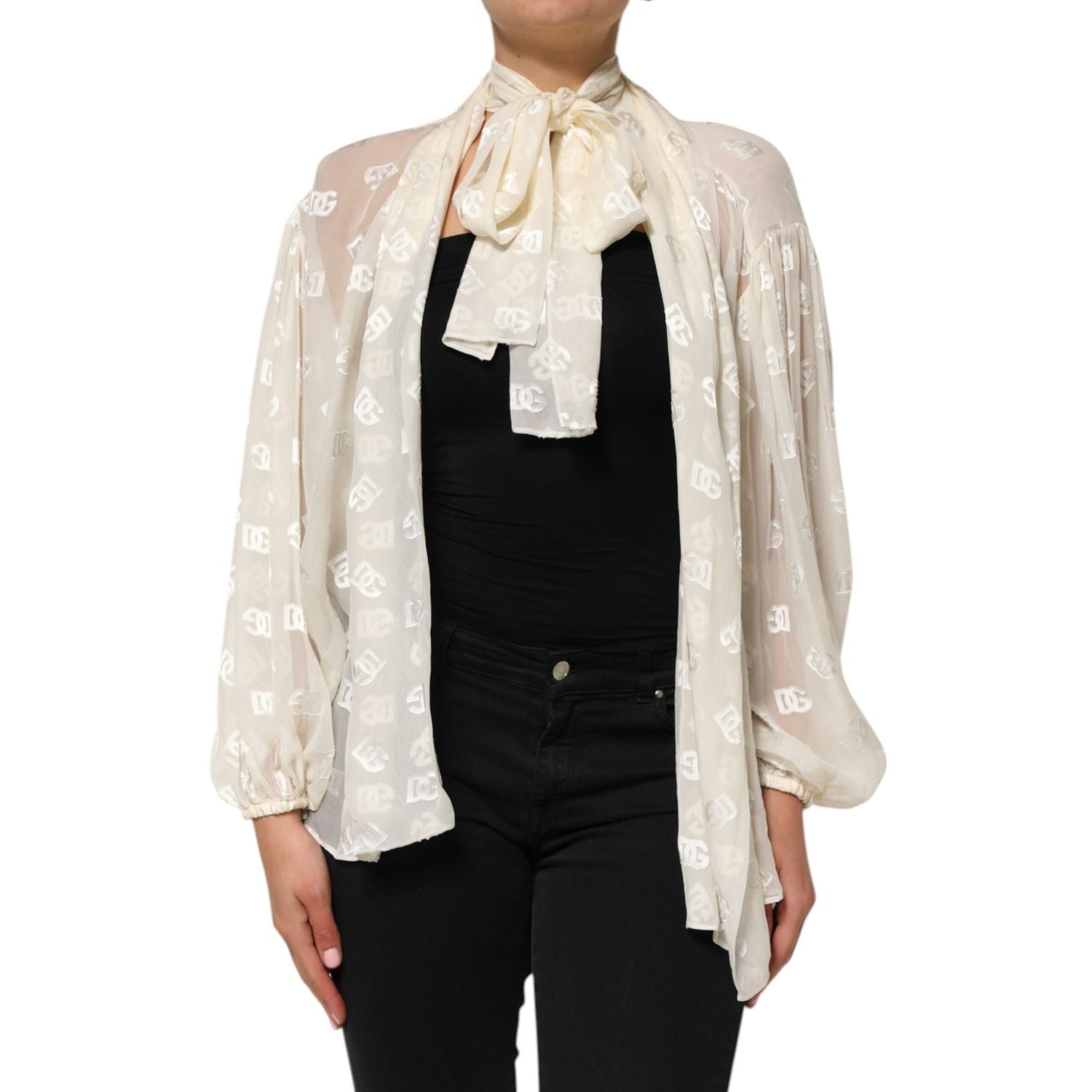Dolce & Gabbana Off White Logo Monogram Ascot Collar Top