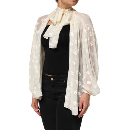 Dolce & Gabbana Off White Logo Monogram Ascot Collar Top