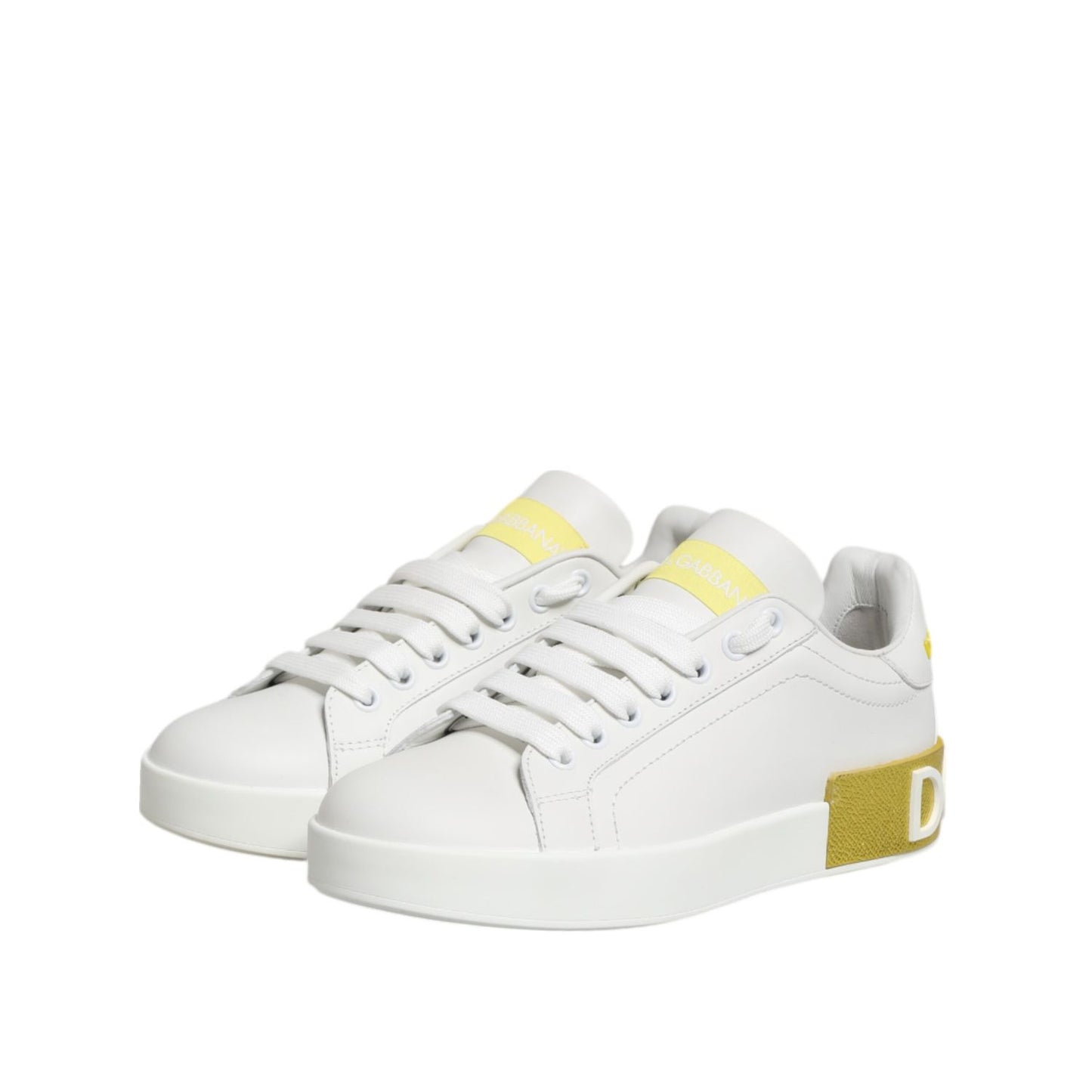 Dolce & Gabbana White Yellow Leather Low Top Sneakers Shoes