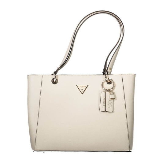 Guess Jeans Beige Polyethylene Handbag with shoulder handles, external pocket, two compartments, and protective feet.