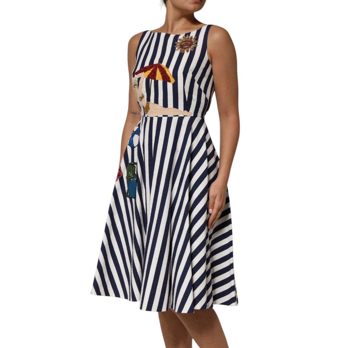 Dolce & Gabbana Blue White Striped Embroidered A-line Dress