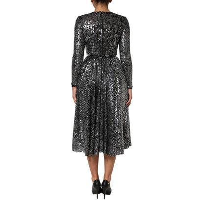 Dolce & Gabbana Black Sequined Long Sleeves Midi A-line Dress