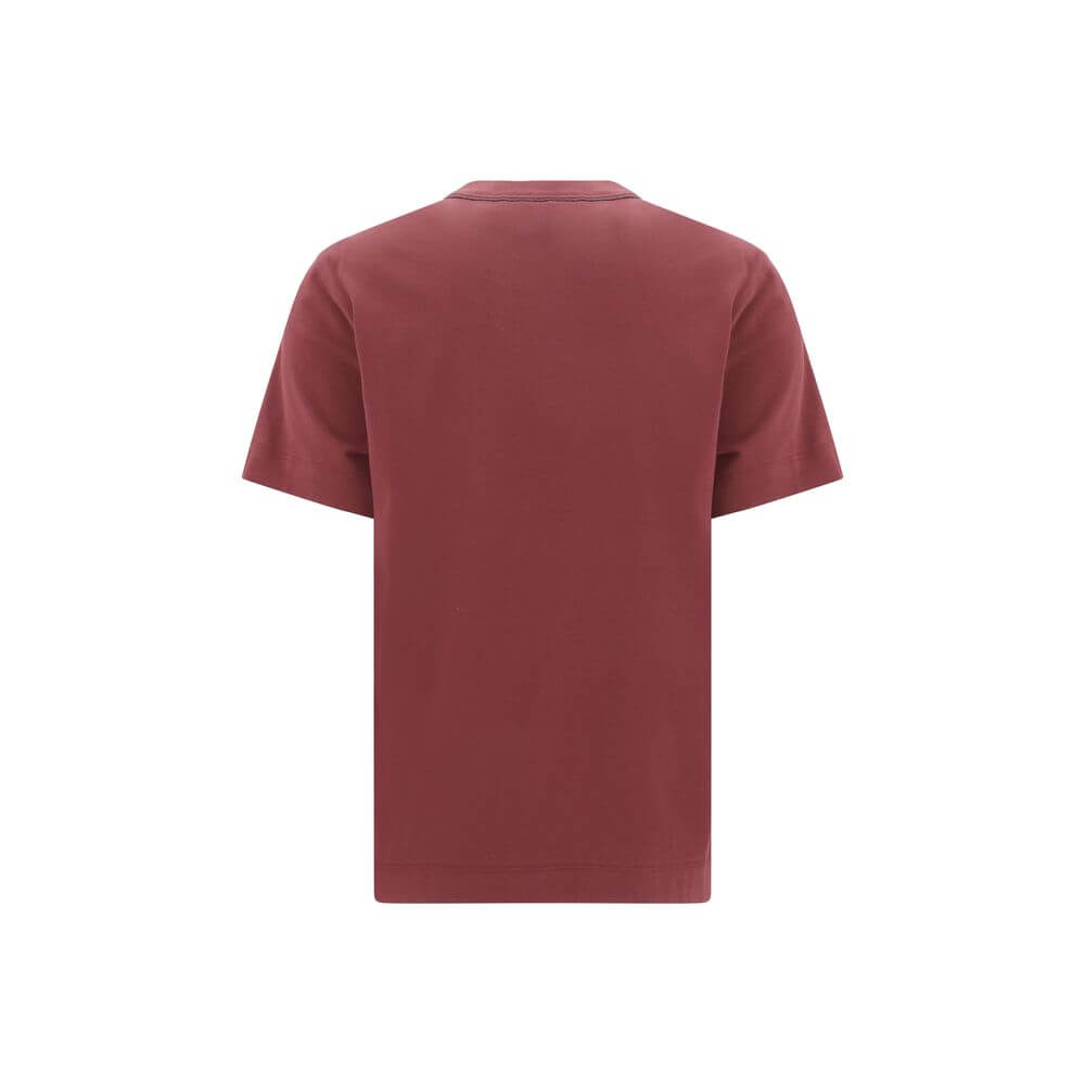 Brunello Cucinelli Bordeaux Cotton T-Shirt with ribbed crew neck and jewel detail on back, luxury fashion perfect for elegance and comfort.