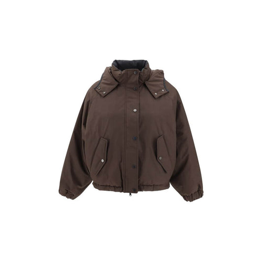 Brunello Cucinelli Brown Polyester Coat with removable hood and front zipper, showcasing its stylish design and warmth.