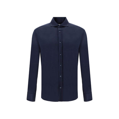 Brunello Cucinelli Blue Silk Shirt with classic collar and button closure, providing luxury and versatility for any outfit.
