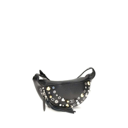 Valentino Garavani Black Calf Leather Bos Taurus Shoulder Bag with studs and VLogo, featuring adjustable belt and zipper closure.