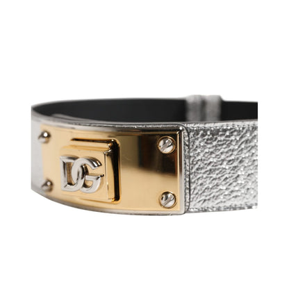 Dolce & Gabbana Silver Textured Leather Gold Tone Metal Neckband