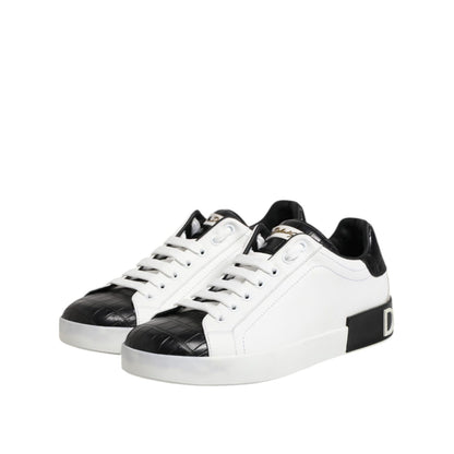Dolce & Gabbana White Black Leather Portofino Sneaker Shoes