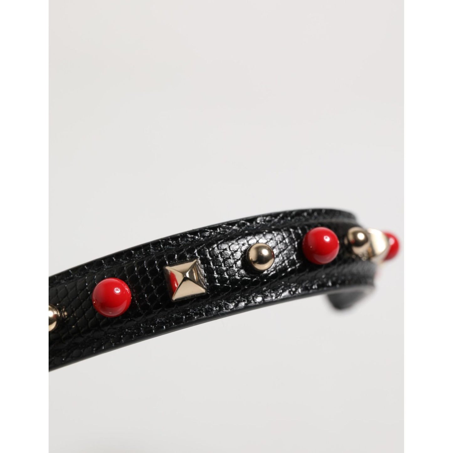 Dolce & Gabbana Black Embellished Leather Bag Handle Women Shoulder Strap with red and gold studs, calf leather, made in Italy.