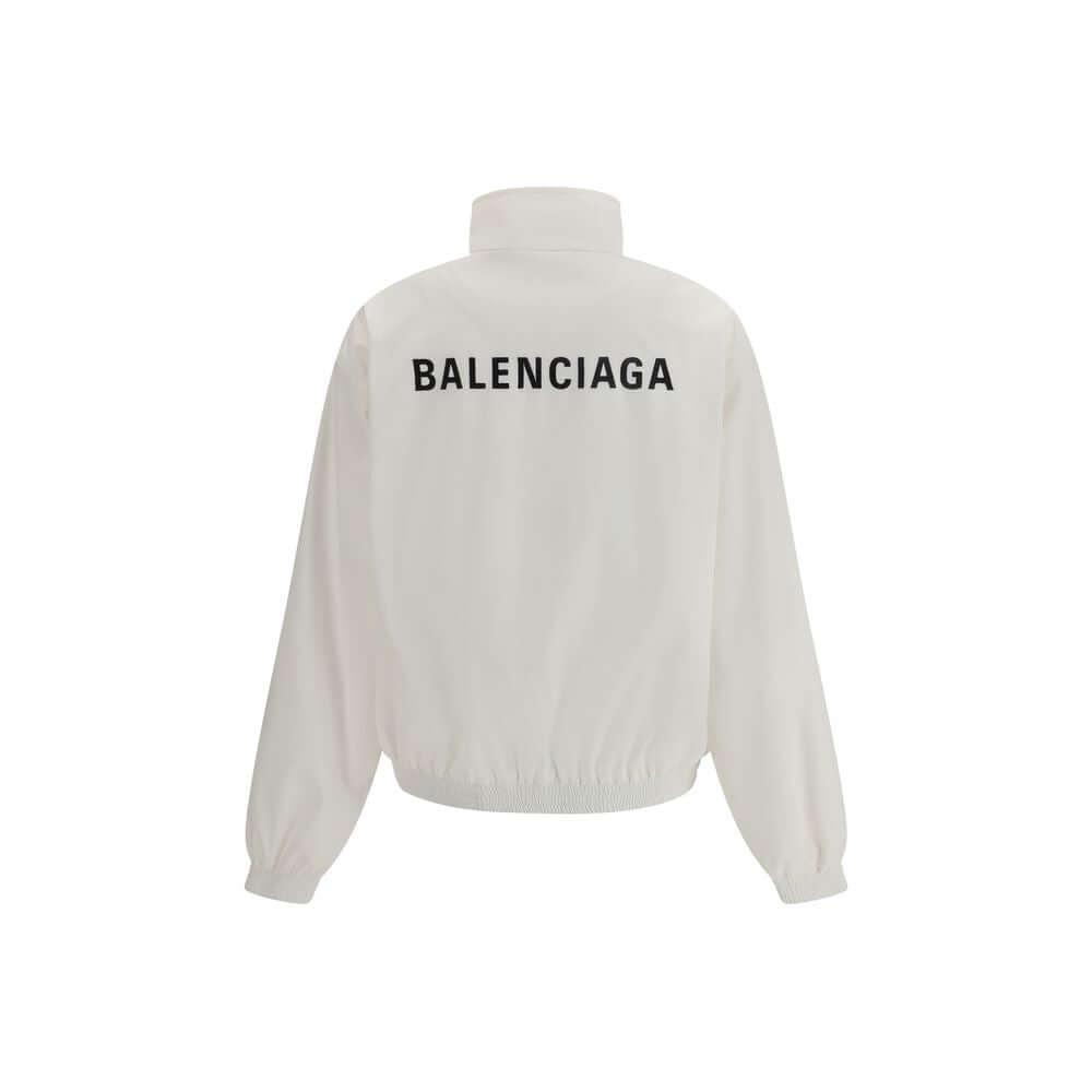 Balenciaga White Polyester Shell Jacket with logo on back, features high collar, zipper pockets, elastic cuffs and hem, breathable mesh lining.