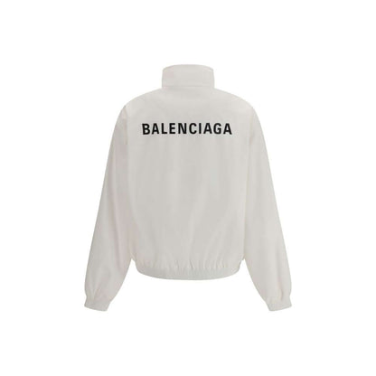 Balenciaga White Polyester Shell Jacket with logo on back, features high collar, zipper pockets, elastic cuffs and hem, breathable mesh lining.