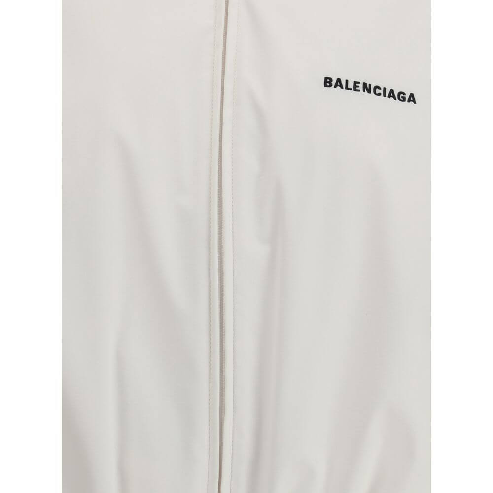 Balenciaga White Polyester Shell Jacket with logo embroidery, high collar, and zipper closure, ideal for comfort and style.