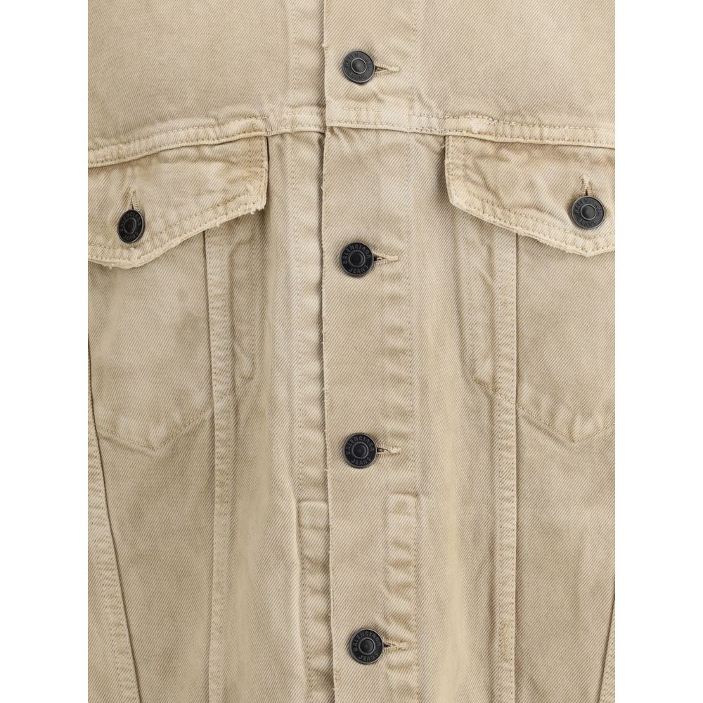 Close-up of Balenciaga Beige Cotton Denim Jacket front with 7-button closure and flap pockets.
