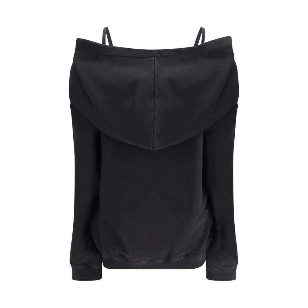 Back view of MM6 Black Cotton Sweatshirt featuring minimalist design, raw-cut hem, and signature stitching by Maison Margiela for AW25.