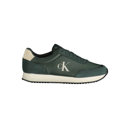 Calvin Klein Green Polyester Sneaker with laces, print, contrasting details, and logo. Ideal sports shoe for style and comfort.