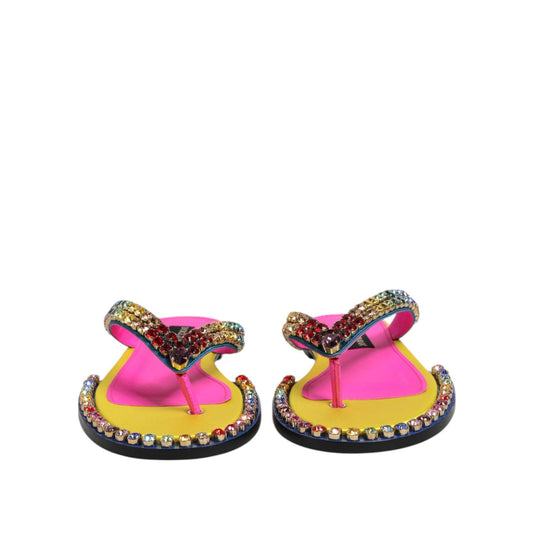 Dolce & Gabbana Multicolor Rhinestone Flip Flop Flat Sandals Shoes with crystal embellishments and calf leather design.