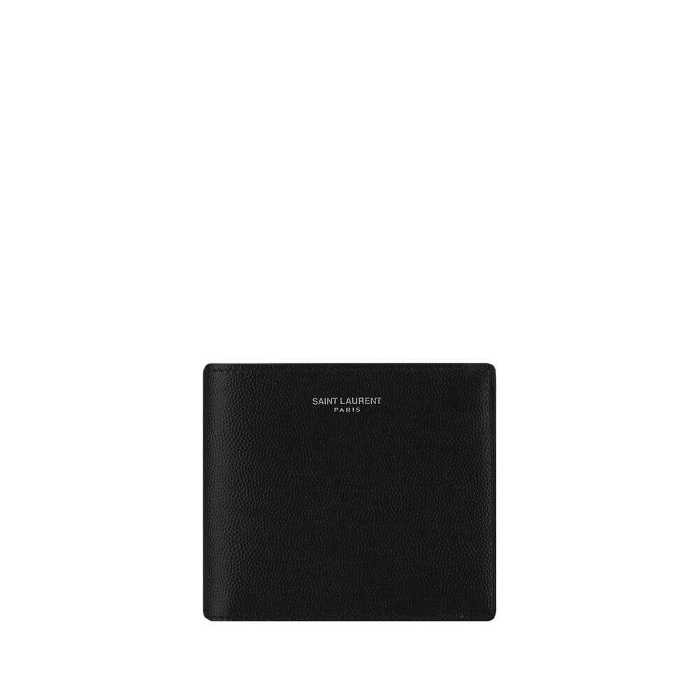 Saint Laurent Black Calf Leather Bos Taurus Wallet with grained leather design and iconic brand signature.