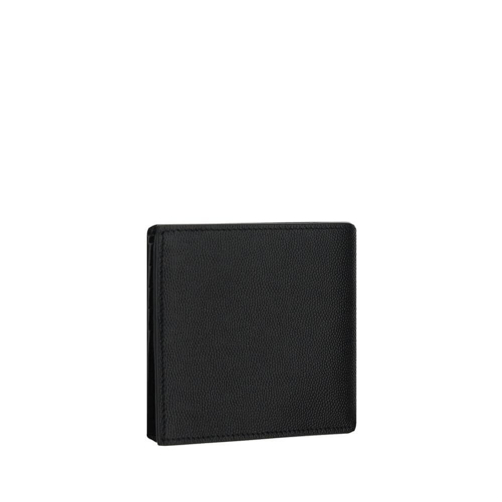 Saint Laurent Black Calf Leather Bos Taurus Wallet with grained finish, billfold design, card slots, and iconic branding.