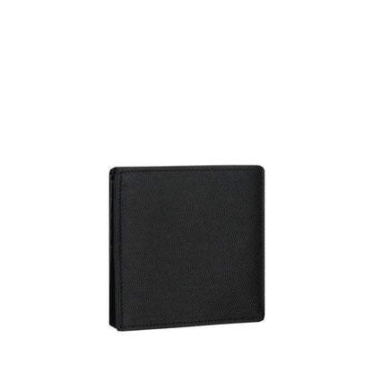 Saint Laurent Black Calf Leather Bos Taurus Wallet with grained finish, billfold design, card slots, and iconic branding.