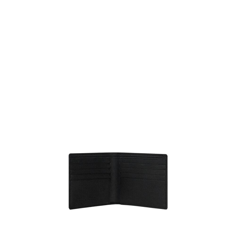 Saint Laurent Black Calf Leather Bos Taurus Wallet with card slots and billfold design, grained leather, iconic signature, AW25 collection.