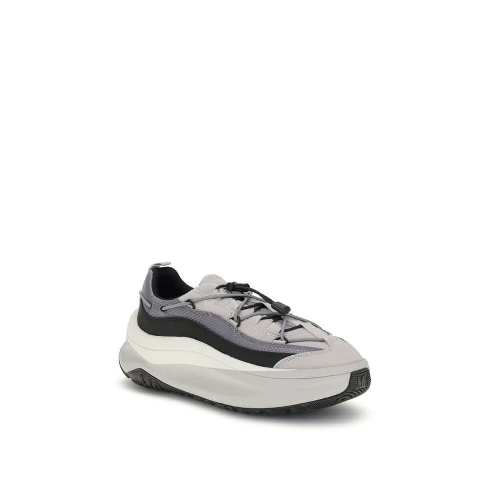 Moon Boot Gray Polyester Athletic Sneakers with crisscrossing laces and thick sole, featuring embossed logo on outsole.