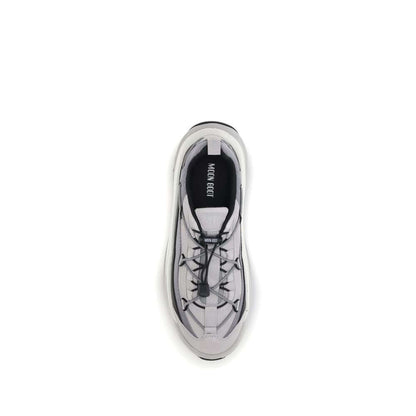 Top view of Moon Boot Gray Polyester Athletic Sneakers with crisscrossing laces and embossed logo on outsole.
