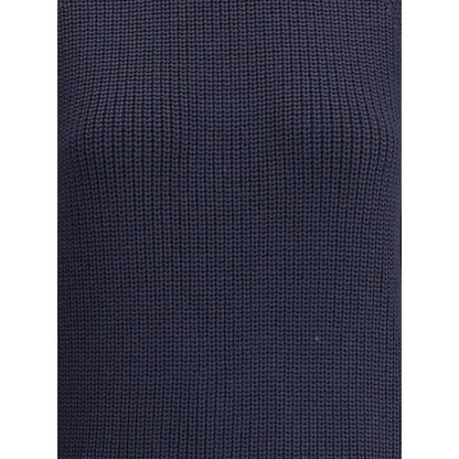 Close-up of Ella Blue Merino Wool Sweater showcasing the chunky knit texture, perfect for style and warmth in winter with ribbed details.