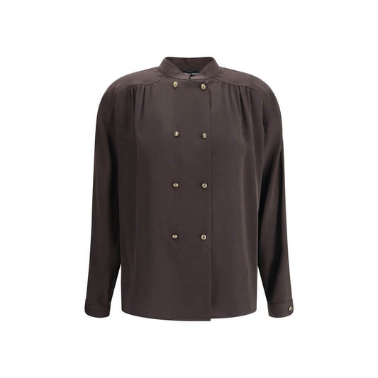 Giorgio Armani Brown Silk Shirt with double-breasted closure, embossed buttons, mandarin collar, and elegant silhouette, AW25, 100% Silk.