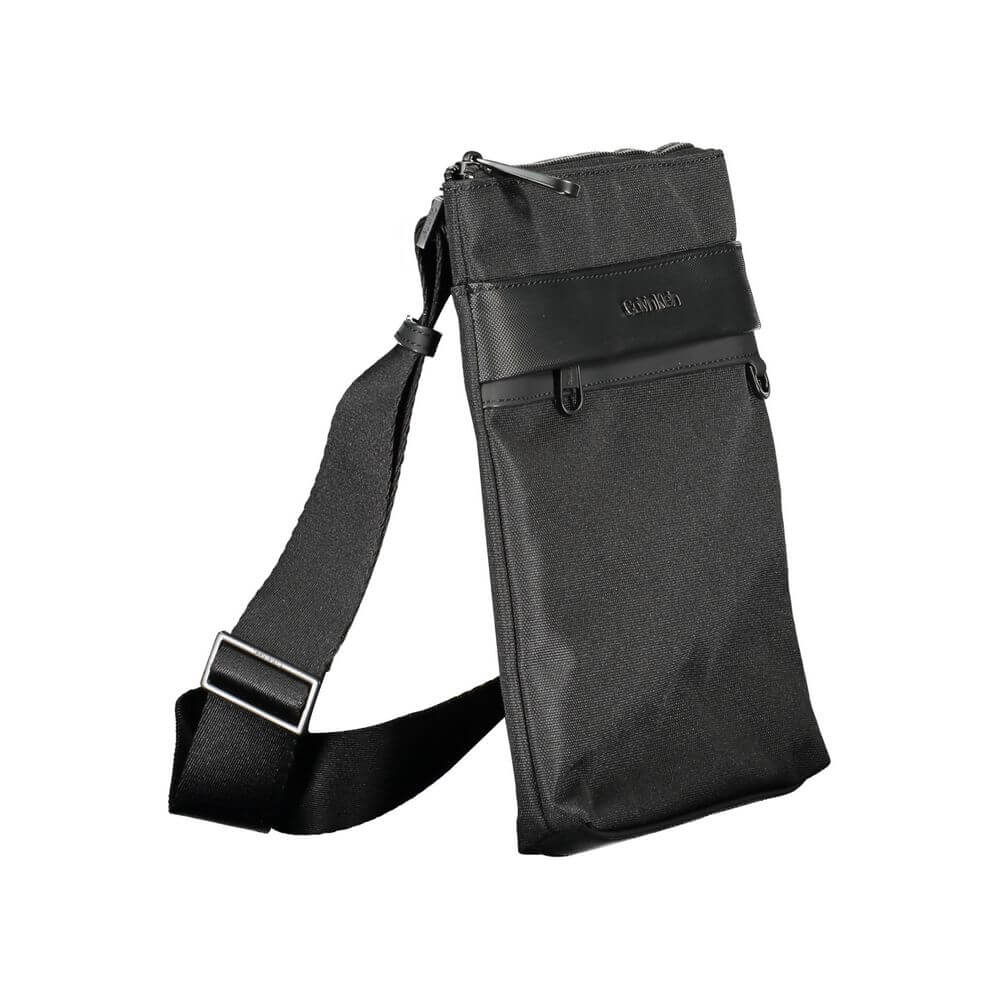 Calvin Klein Black Polyester Shoulder Bag with adjustable strap, featuring external and internal pockets, made from 100% recycled polyester.
