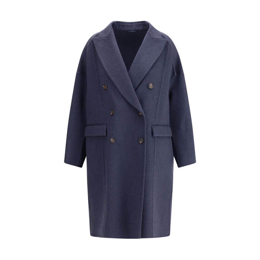 Alt Tag: Brunello Cucinelli Blue Cashmere Coat with wide peaked lapel and double-breasted design, featuring contrasting buttons and flap pockets.