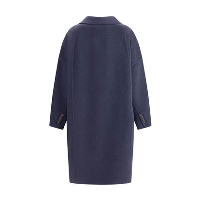 Back view of Brunello Cucinelli Blue Cashmere Coat with wide lapel and double-breasted closure, showcasing refined elegance for AW25 season.