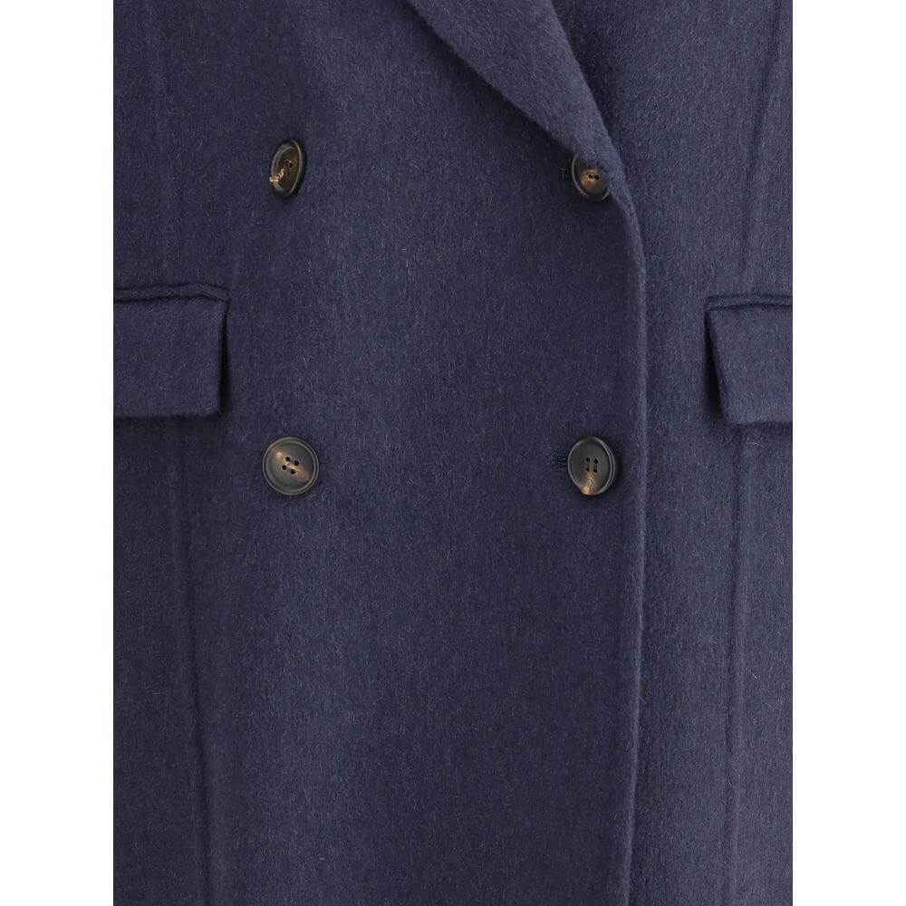 Brunello Cucinelli Blue Cashmere Coat with wide peaked lapel, double-breasted closure, and flap pockets for elegant cold season wear.