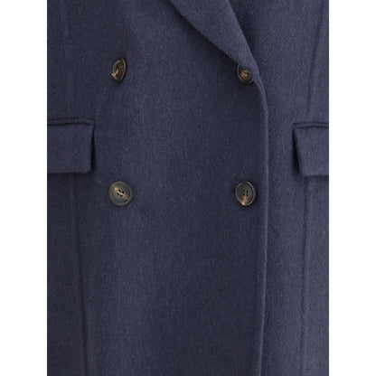 Brunello Cucinelli Blue Cashmere Coat with wide peaked lapel, double-breasted closure, and flap pockets for elegant cold season wear.
