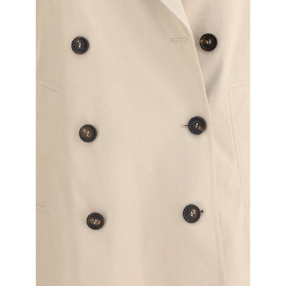 Close-up of Brunello Cucinelli Beige Cotton Coat with double-breasted buttons and elegant design details.