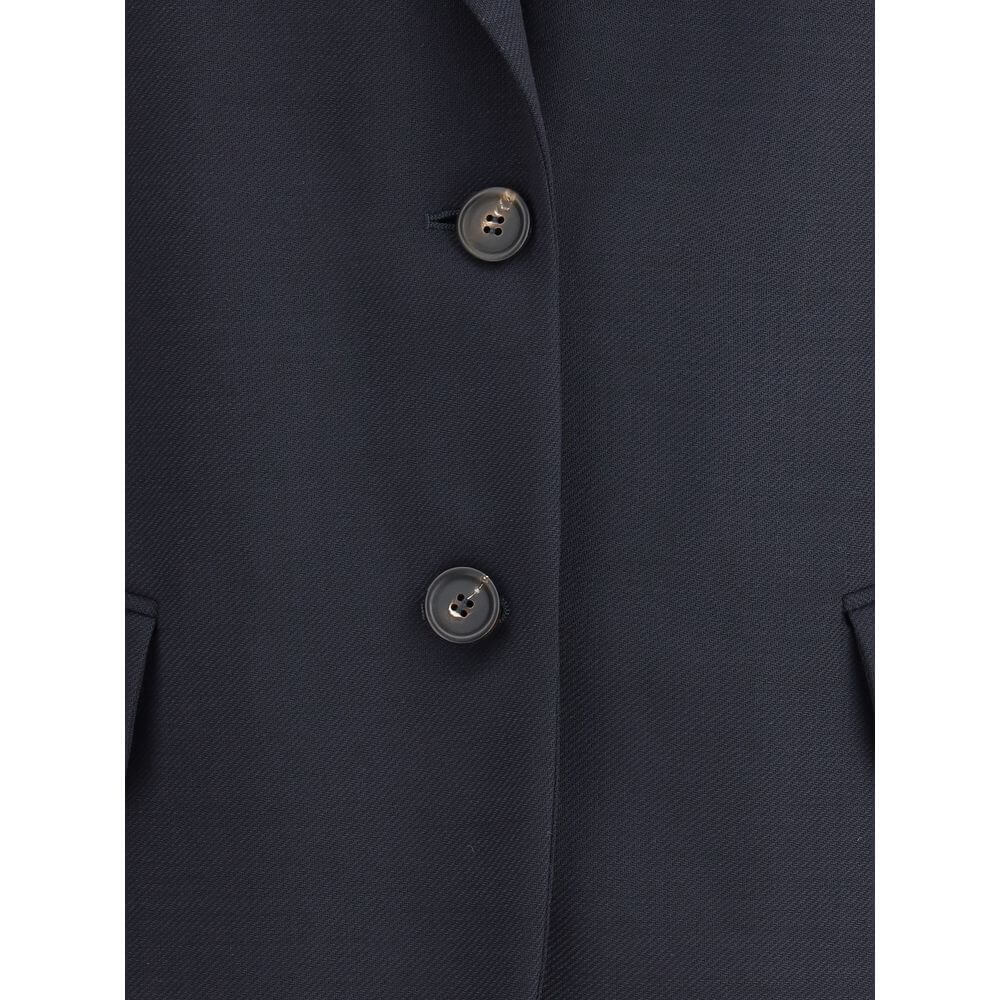 Close-up of Brunello Cucinelli Blue Fleece Wool Blazer showcasing buttons and fabric texture.