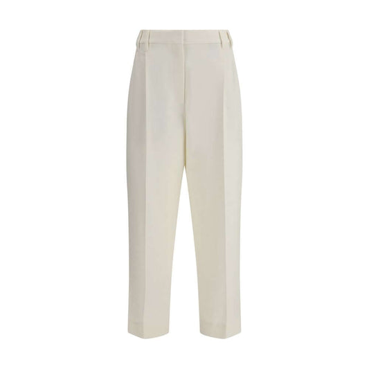 Brunello Cucinelli White Cotton Chino Pants with straight leg, cropped ankle length, and front pleats for a tailored look.