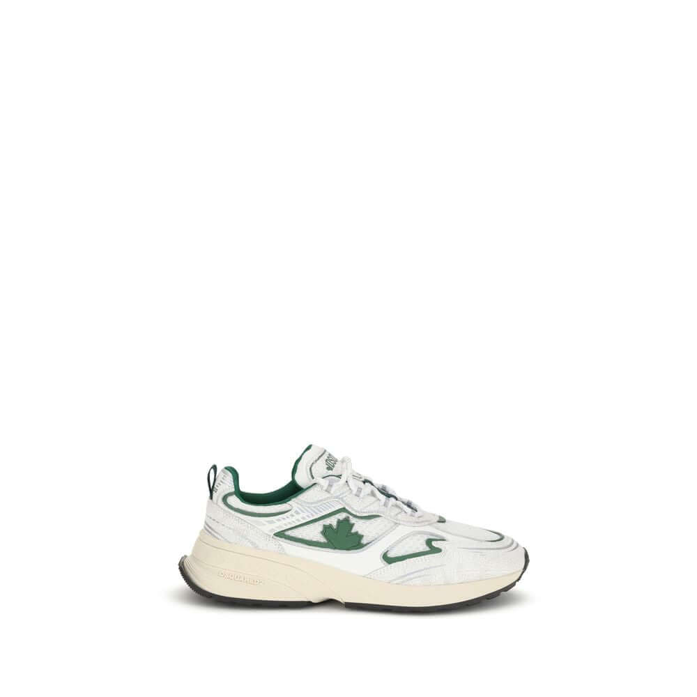 Dsquared² White Calf Leather Bos Taurus Athletic Sneakers with maple leaf and reflective details.