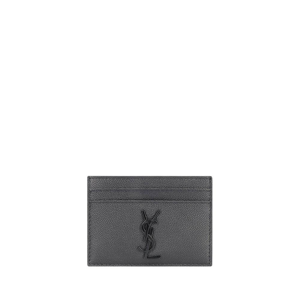 Saint Laurent Gray Calf Leather Bos Taurus Wallet, black card holder, embossed logo, AW25, Italian-made, luxury calfskin accessory