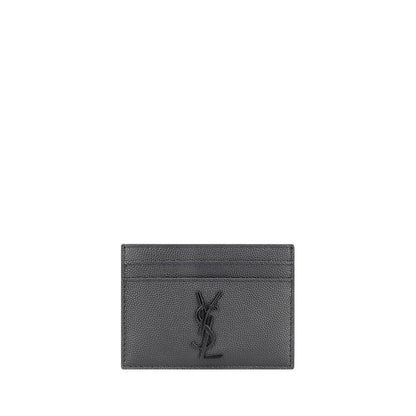 Saint Laurent Gray Calf Leather Bos Taurus Wallet, black card holder, embossed logo, AW25, Italian-made, luxury calfskin accessory