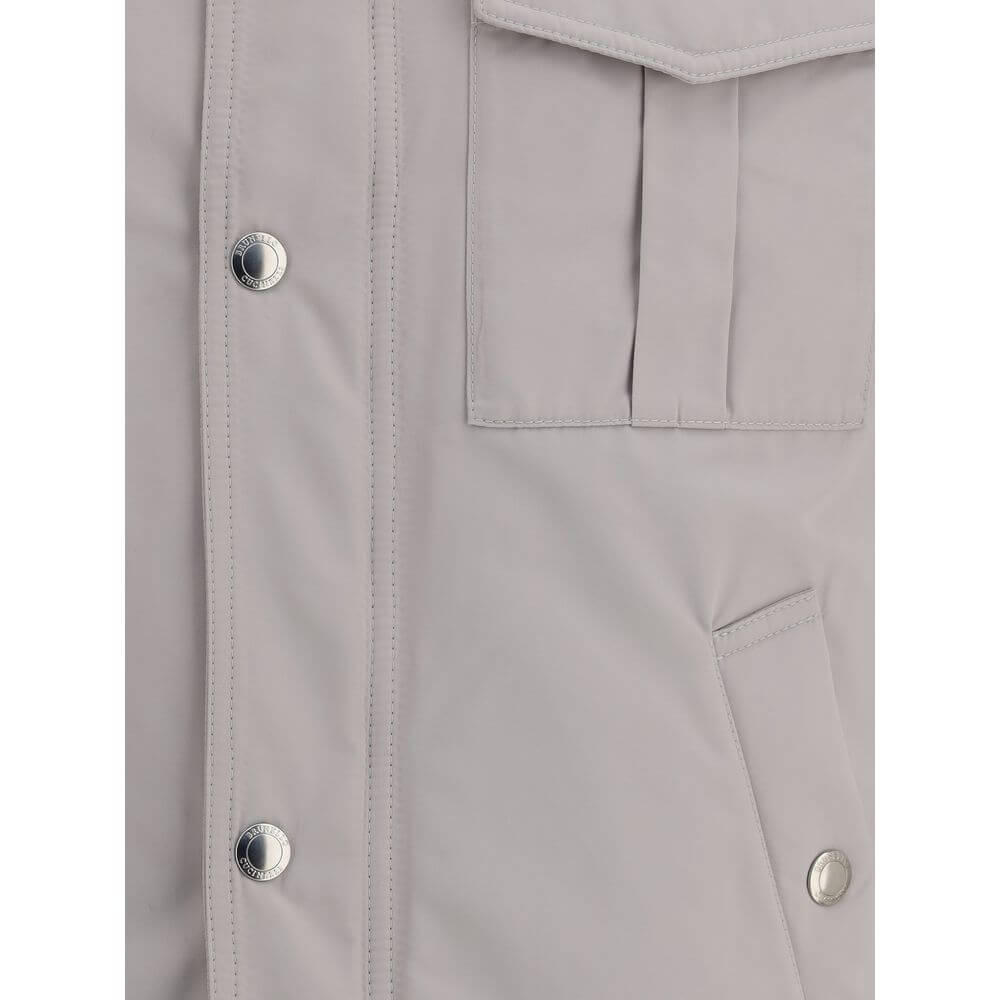 Close-up of Brunello Cucinelli White Polyamide Coat showing zipper and pocket details for stylish and functional appeal.