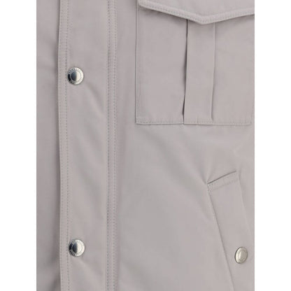 Close-up of Brunello Cucinelli White Polyamide Coat showing zipper and pocket details for stylish and functional appeal.