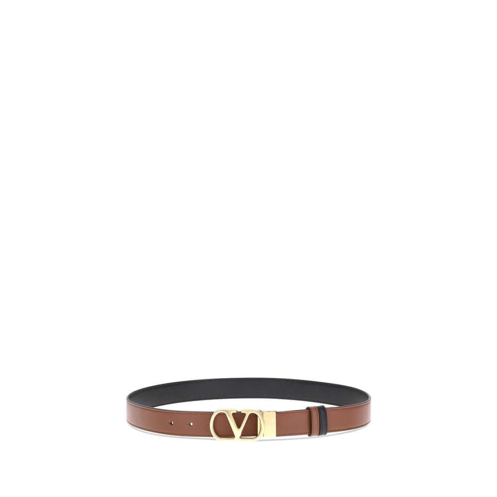Valentino Garavani Brown Calf Leather Bos Taurus Regular Belt with gold VLogo buckle, reversible design for versatile styling.
