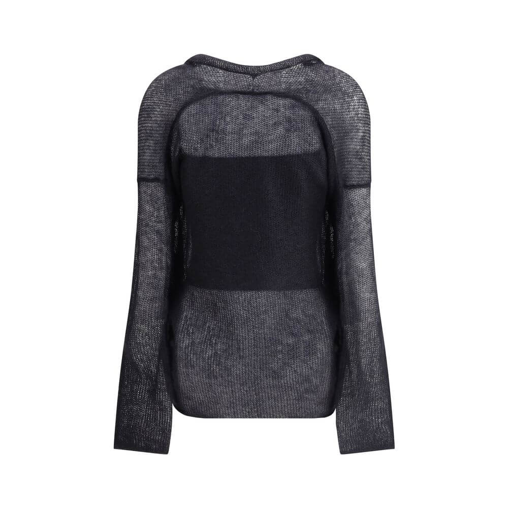Giorgio Armani Black Mohair Cardigan with mesh stitching, double-breasted design, wool and mohair blend for a versatile elegant look.