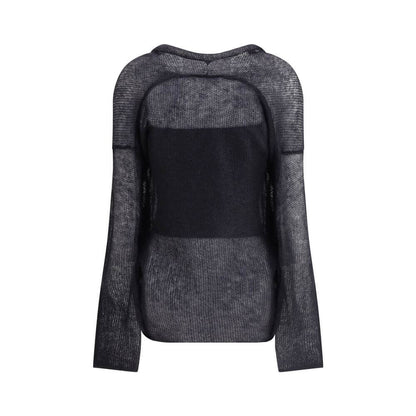 Giorgio Armani Black Mohair Cardigan with mesh stitching, double-breasted design, wool and mohair blend for a versatile elegant look.