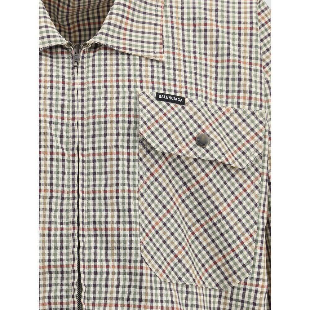 Balenciaga Multicolor Cotton Coat with check pattern and embroidered logo, featuring chest flap pockets and zipper closure, AW25 collection.